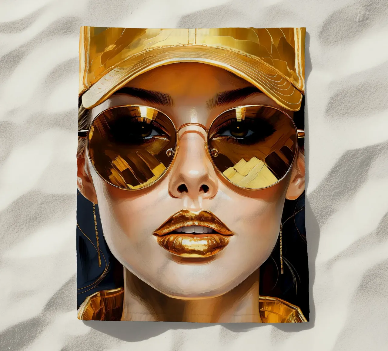 Portrait moderne d'une femme Pop Art en noir et or serviette de plage de Take Your Art BV