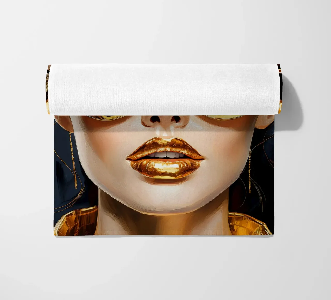 Portrait moderne d'une femme Pop Art en noir et or serviette de plage de Take Your Art BV