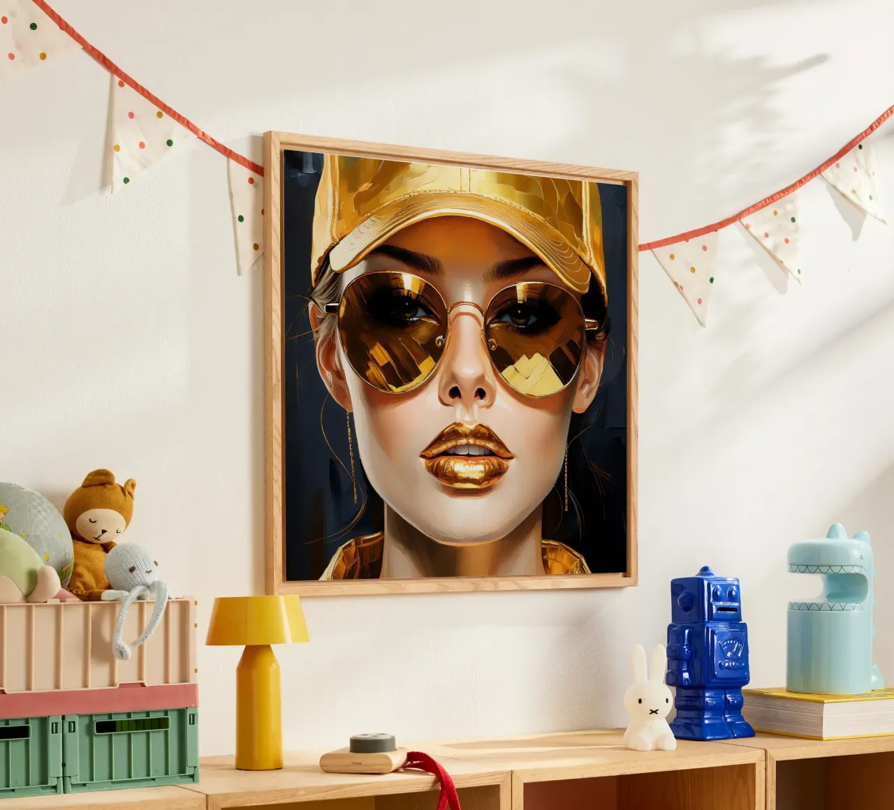 Ritratto di donna moderna Pop Art nei colori nero oro plexiglass da Take Your Art BV