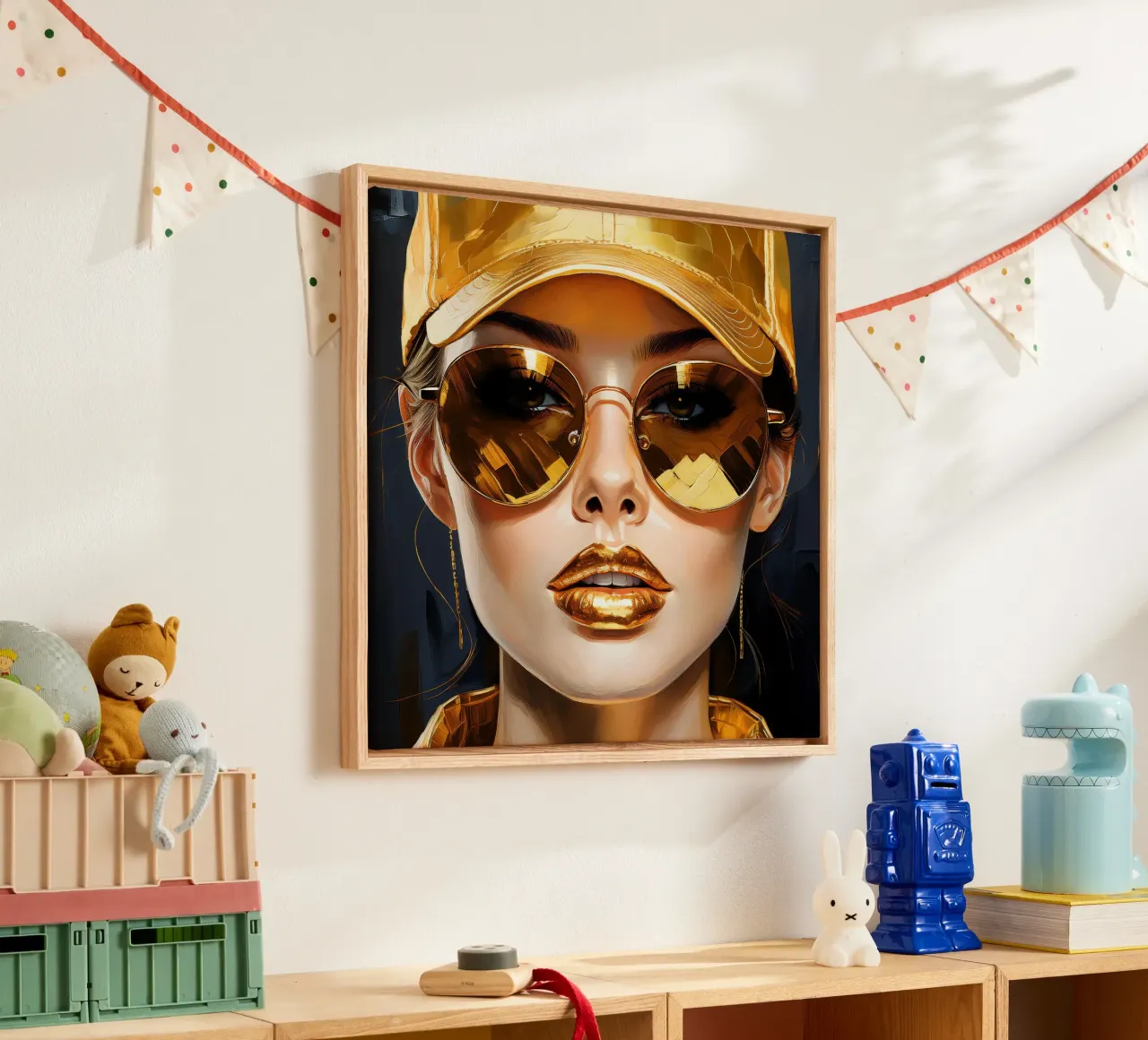 Portret moderne Pop Art vrouw in zwart gouden kleuren canvas met Baklijst van Take Your Art BV