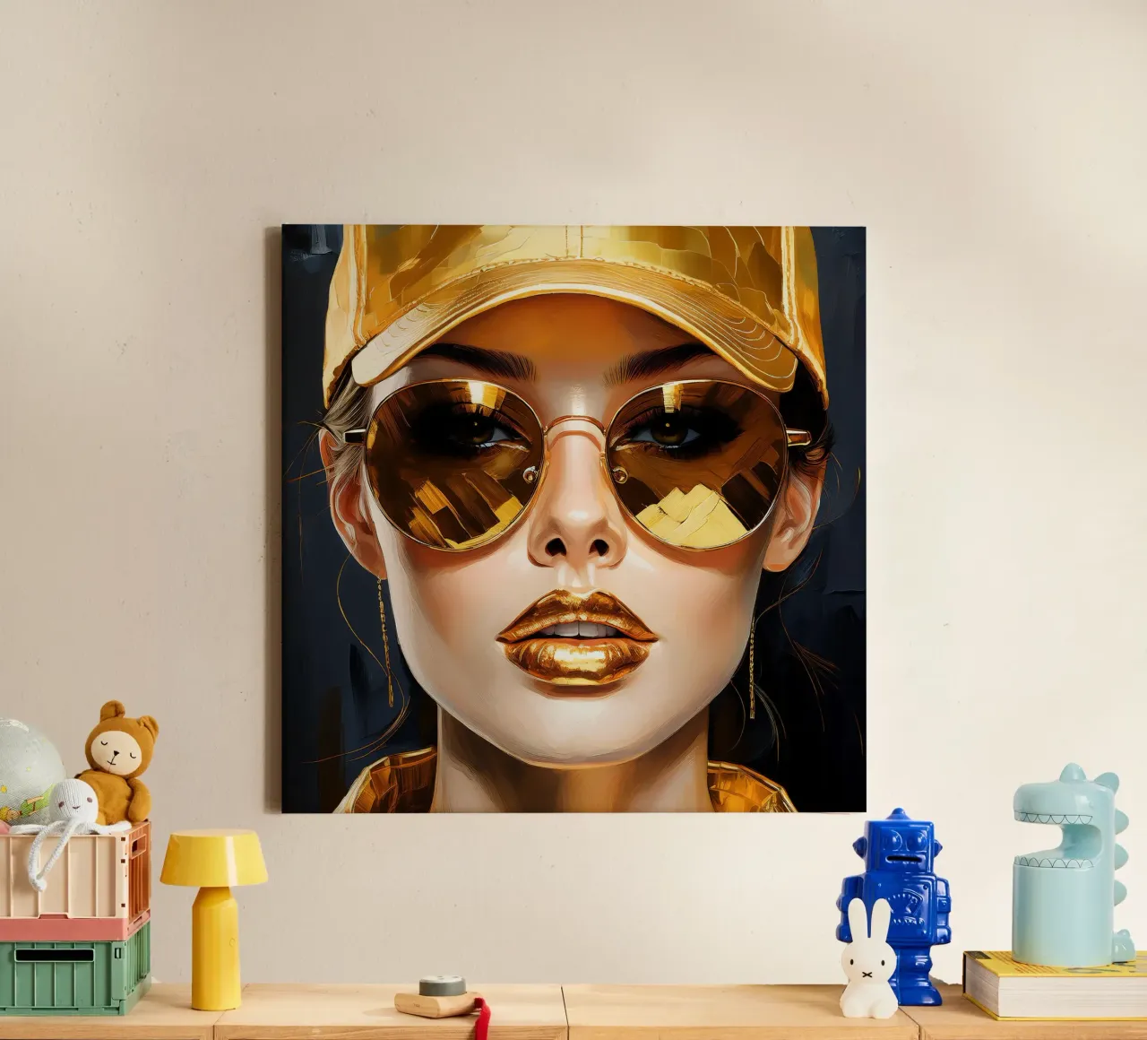 Portret moderne Pop Art vrouw in zwart gouden kleuren canvas met Baklijst van Take Your Art BV