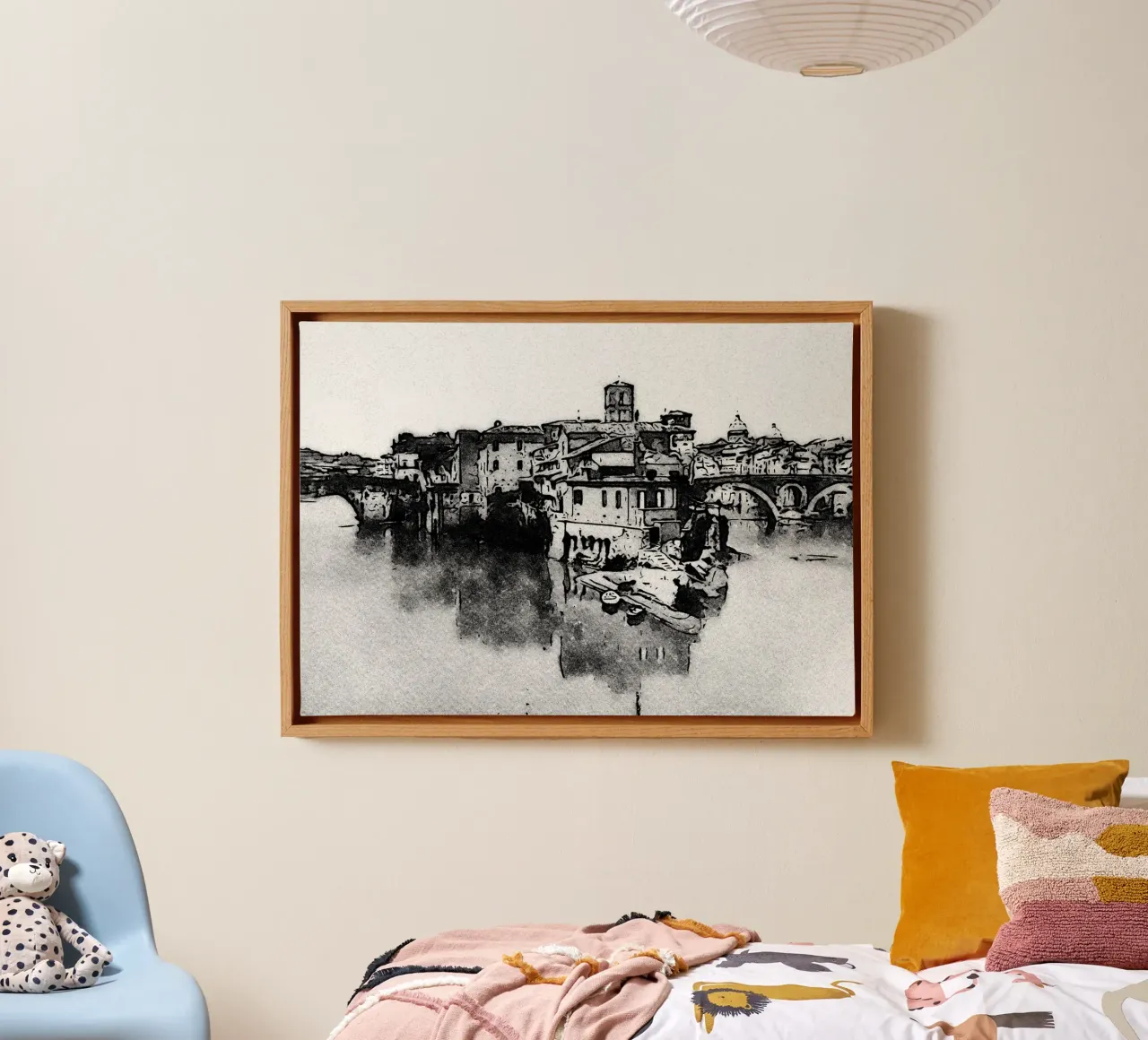 Rome-Tiber Eiland canvas met Baklijst van Massimo Frascogna
