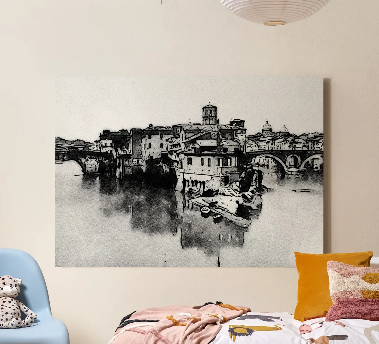 Rome-Tiber Eiland canvas met Baklijst van Massimo Frascogna
