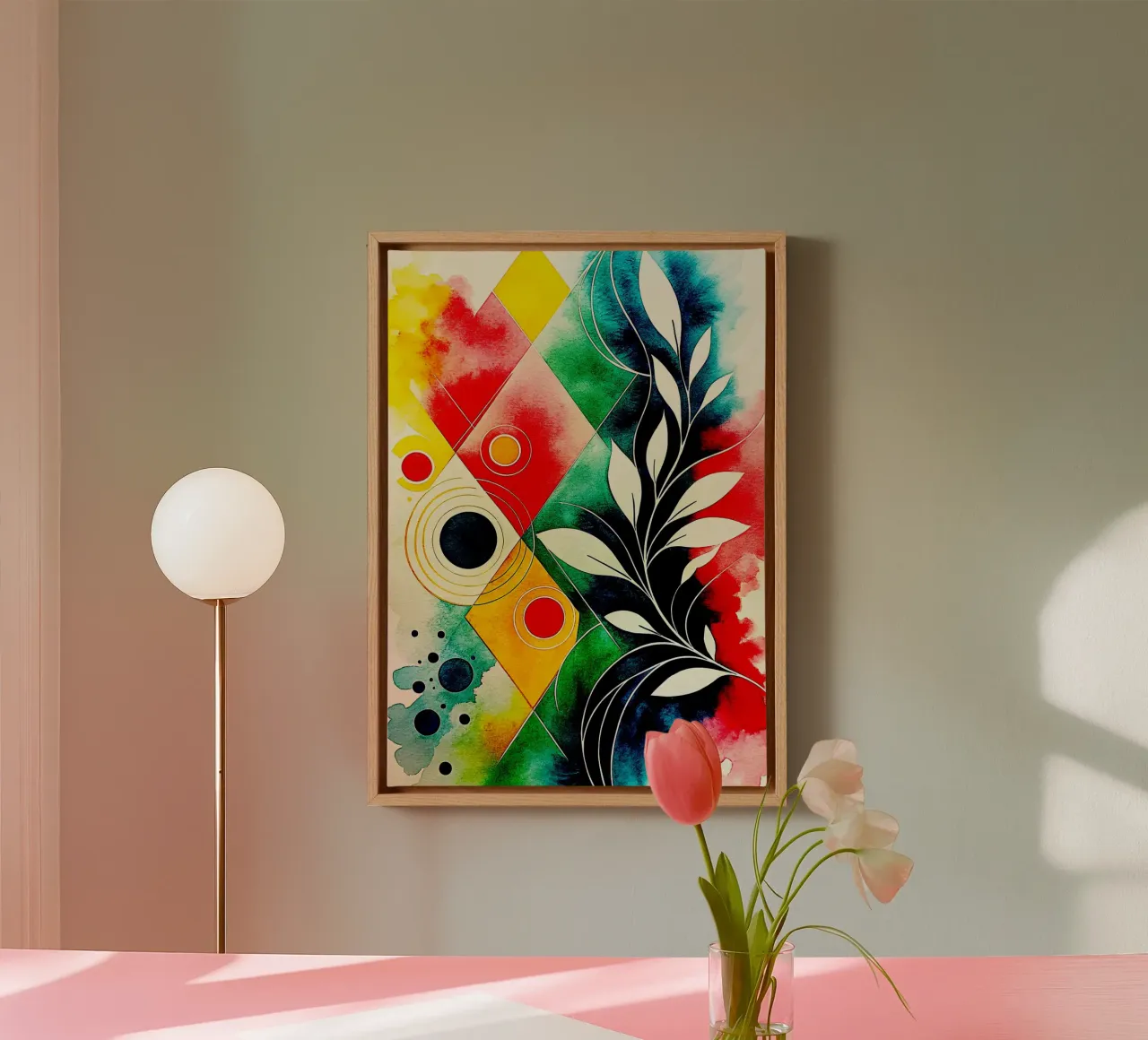 leaf circle abstract art canvas with Floater frame by the gondols