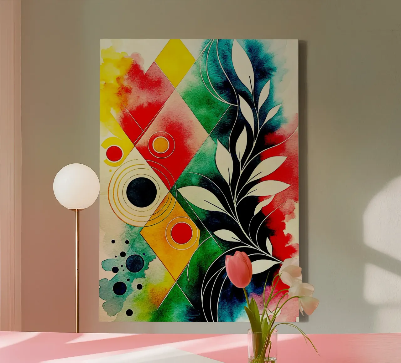 leaf circle abstract art canvas with Floater frame by the gondols
