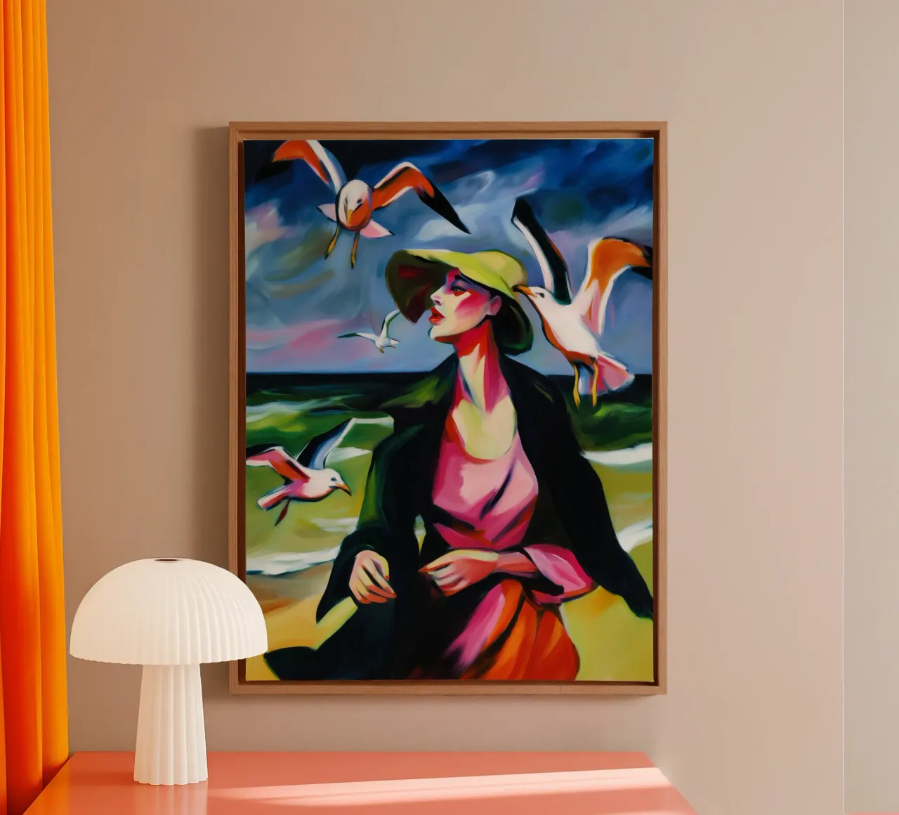 Donna con gabbiani sulla spiaggia | Pittura espressionista tela con Cornice a cassetta da Autofocus