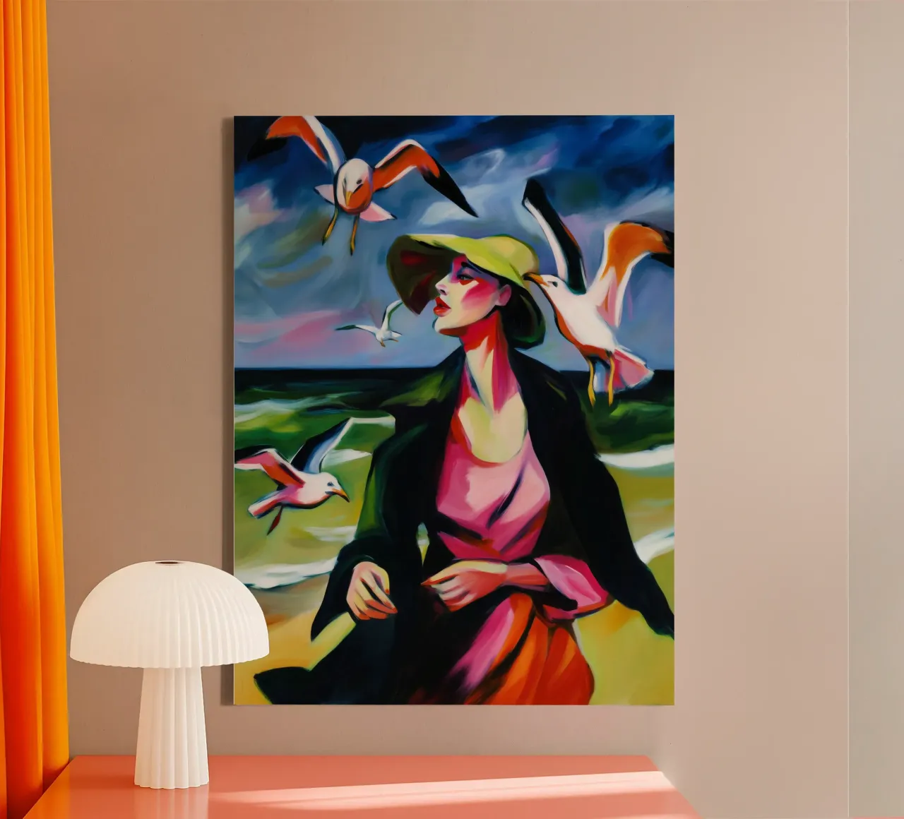 Donna con gabbiani sulla spiaggia | Pittura espressionista tela con Cornice a cassetta da Autofocus