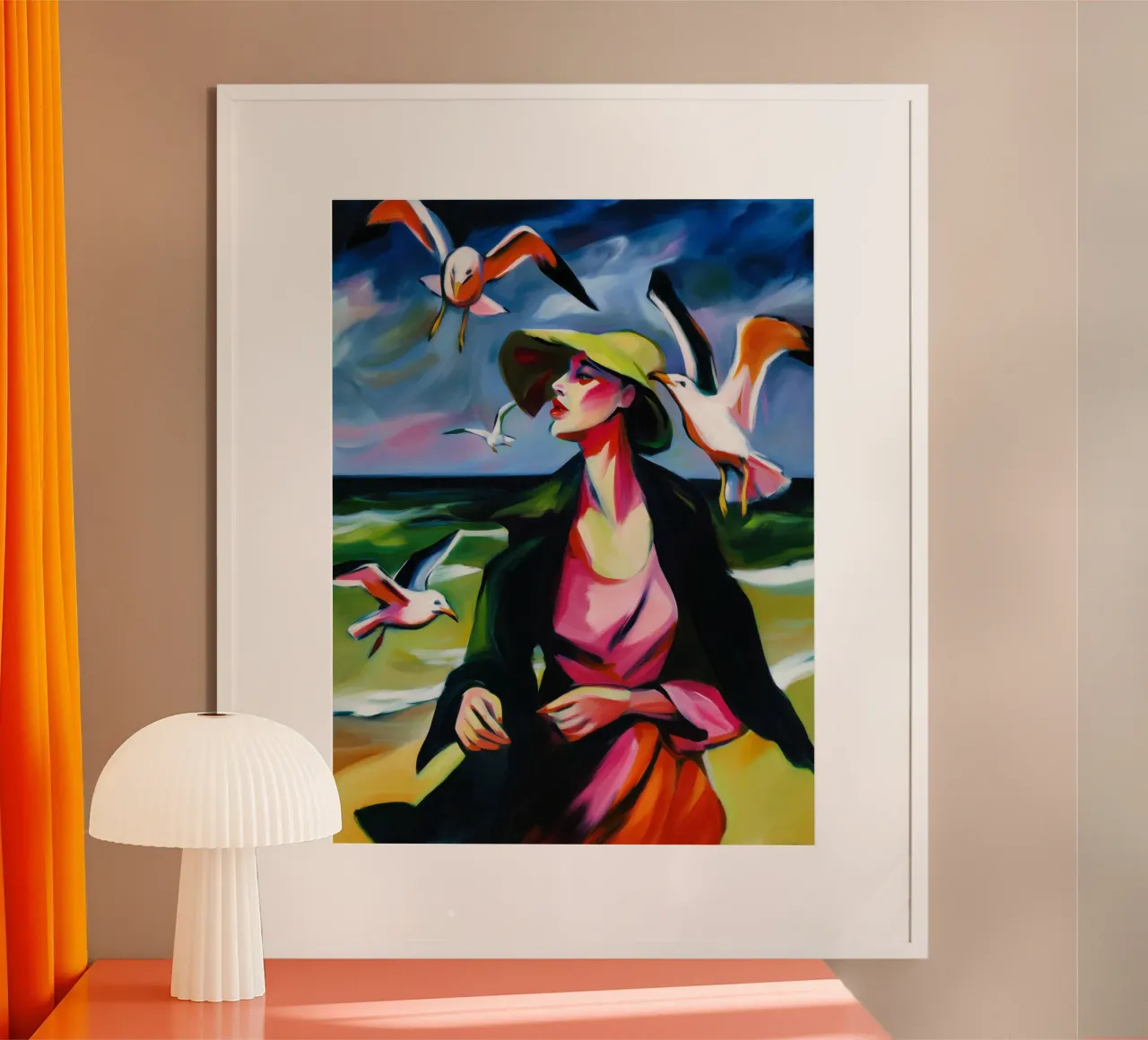 Donna con gabbiani sulla spiaggia | Pittura espressionista poster da Autofocus