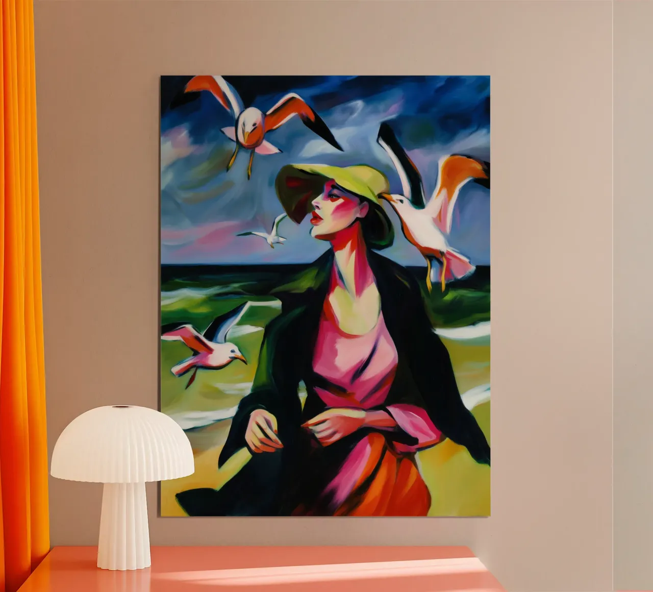 Donna con gabbiani sulla spiaggia | Pittura espressionista poster da Autofocus