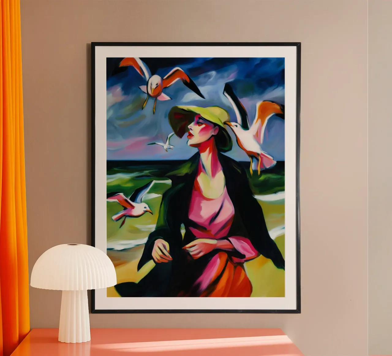 Donna con gabbiani sulla spiaggia | Pittura espressionista poster da Autofocus
