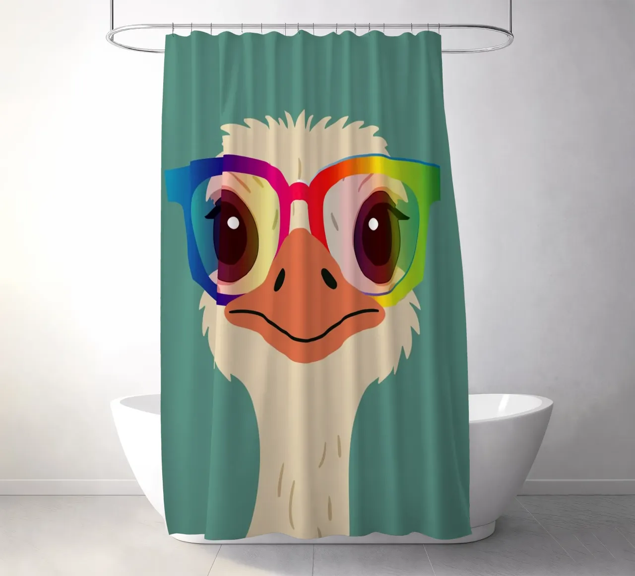 Struzzo colorato con occhiali arcobaleno - Motivo animale impertinente tenda da doccia da namosh