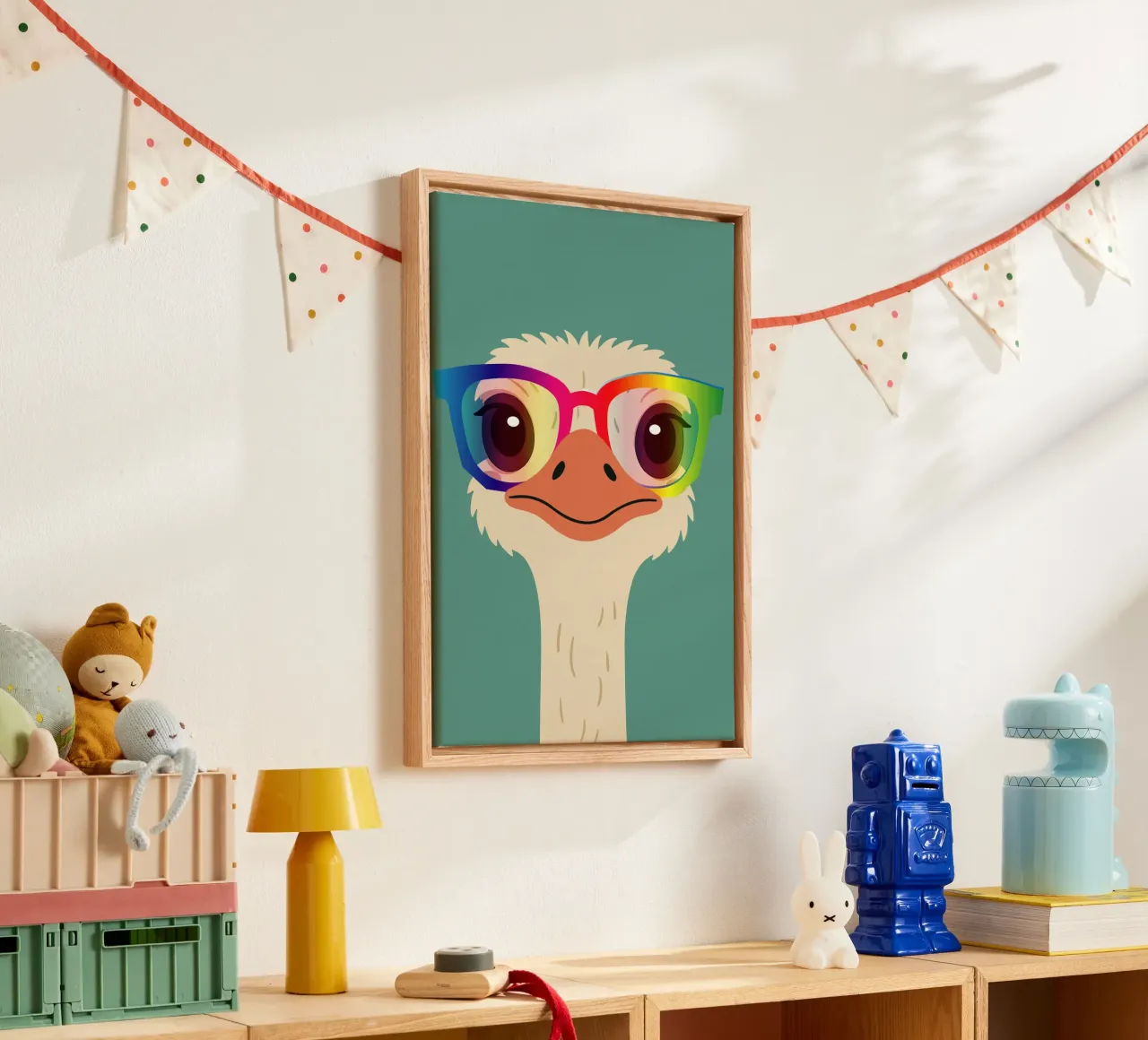 Struzzo colorato con occhiali arcobaleno - Motivo animale impertinente tela con Cornice a cassetta da namosh