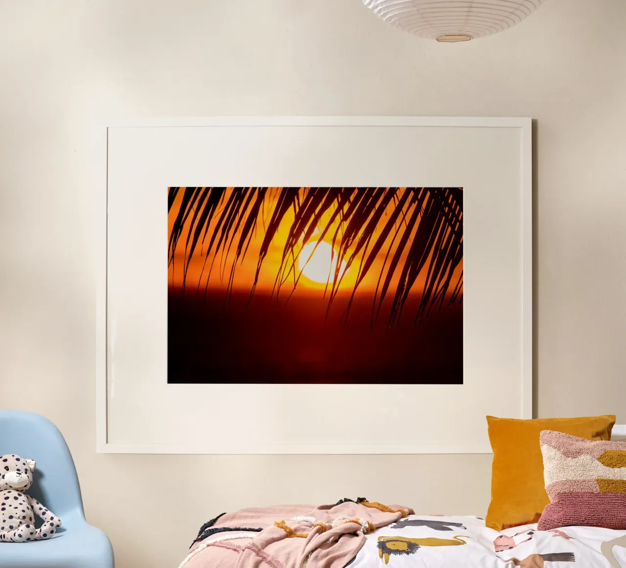 Silhouet van palmboom bladeren mooie zonsondergang poster van anderm