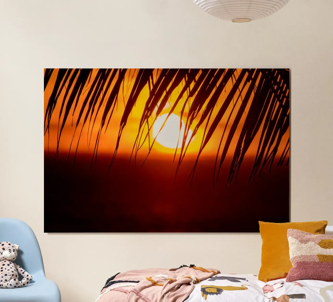 Silhouet van palmboom bladeren mooie zonsondergang poster van anderm