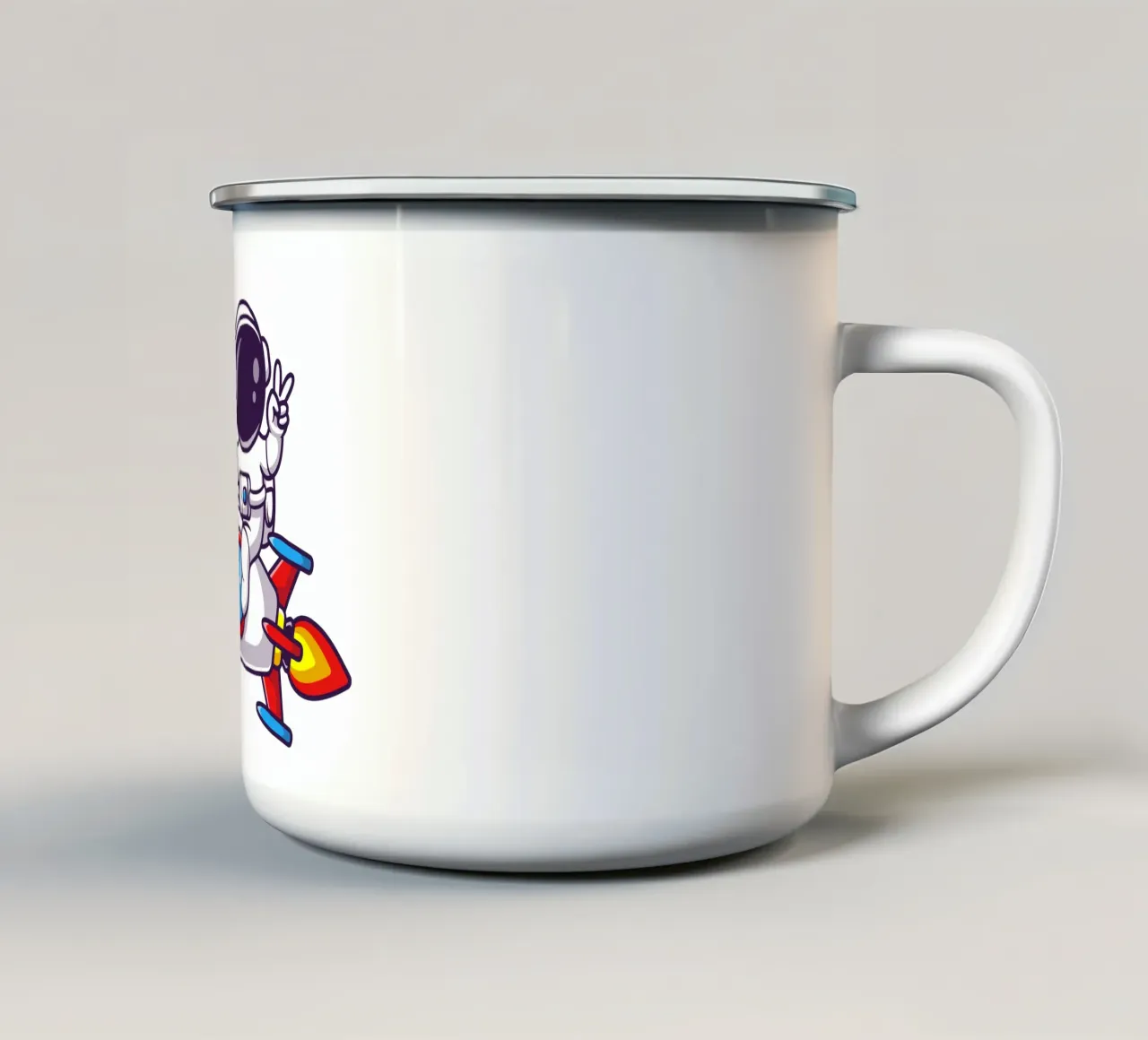 Astronauta che guida un razzo con la mano della pace tazza in smalto da brockcon Shop
