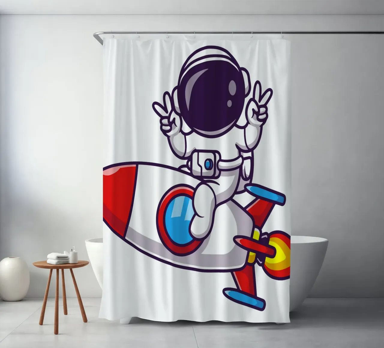 Astronaut reitet Rakete mit Friedenshand Duschvorhang von brockcon Shop
