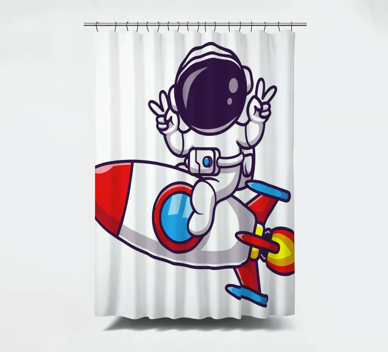 Astronaut reitet Rakete mit Friedenshand Duschvorhang von brockcon Shop