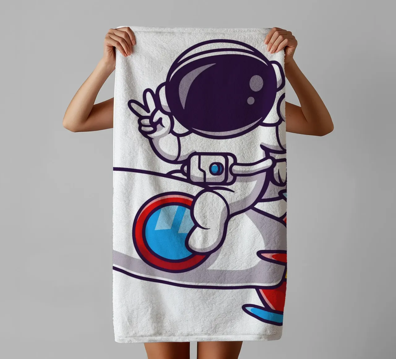 Astronauta che guida un razzo con la mano della pace asciugamano da bagno da brockcon Shop