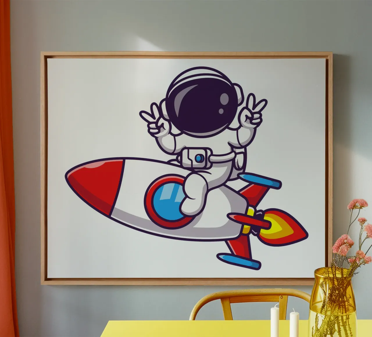 Astronauta che guida un razzo con la mano della pace tela con Cornice a cassetta da brockcon Shop