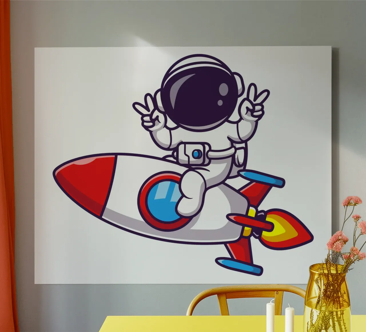 Astronauta che guida un razzo con la mano della pace tela con Cornice a cassetta da brockcon Shop