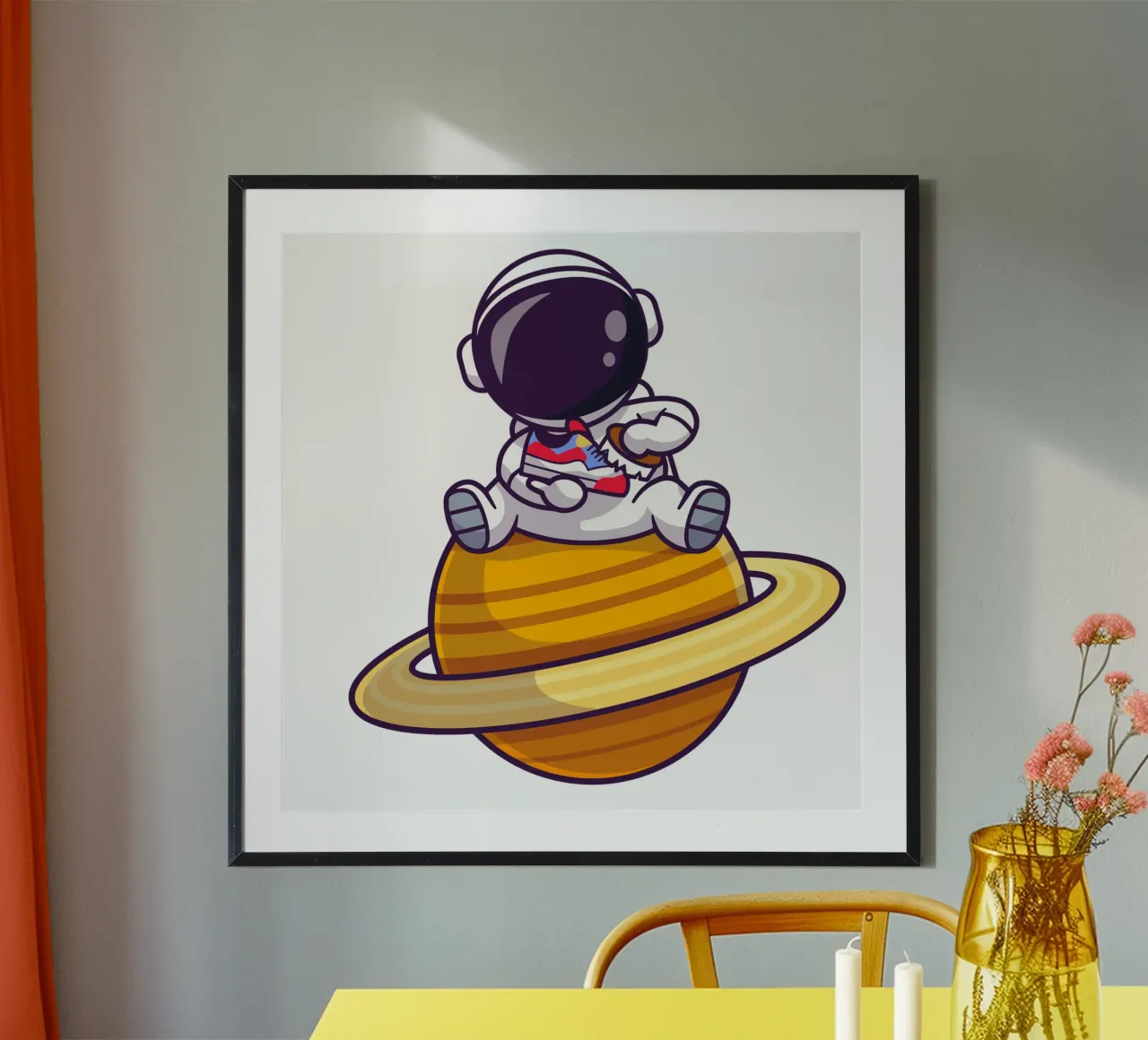 Astronauta carino che spazzola le scarpe sul pianeta poster con telaio in plastica da brockcon Shop