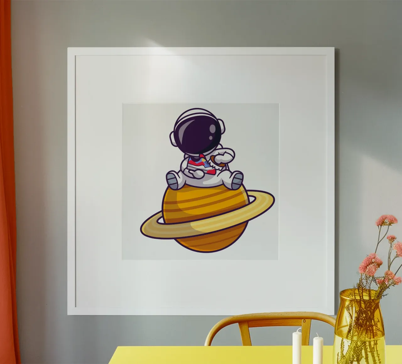 Astronauta carino che spazzola le scarpe sul pianeta poster con telaio in plastica da brockcon Shop