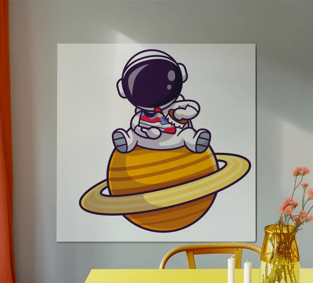 Astronauta carino che spazzola le scarpe sul pianeta poster con telaio in plastica da brockcon Shop