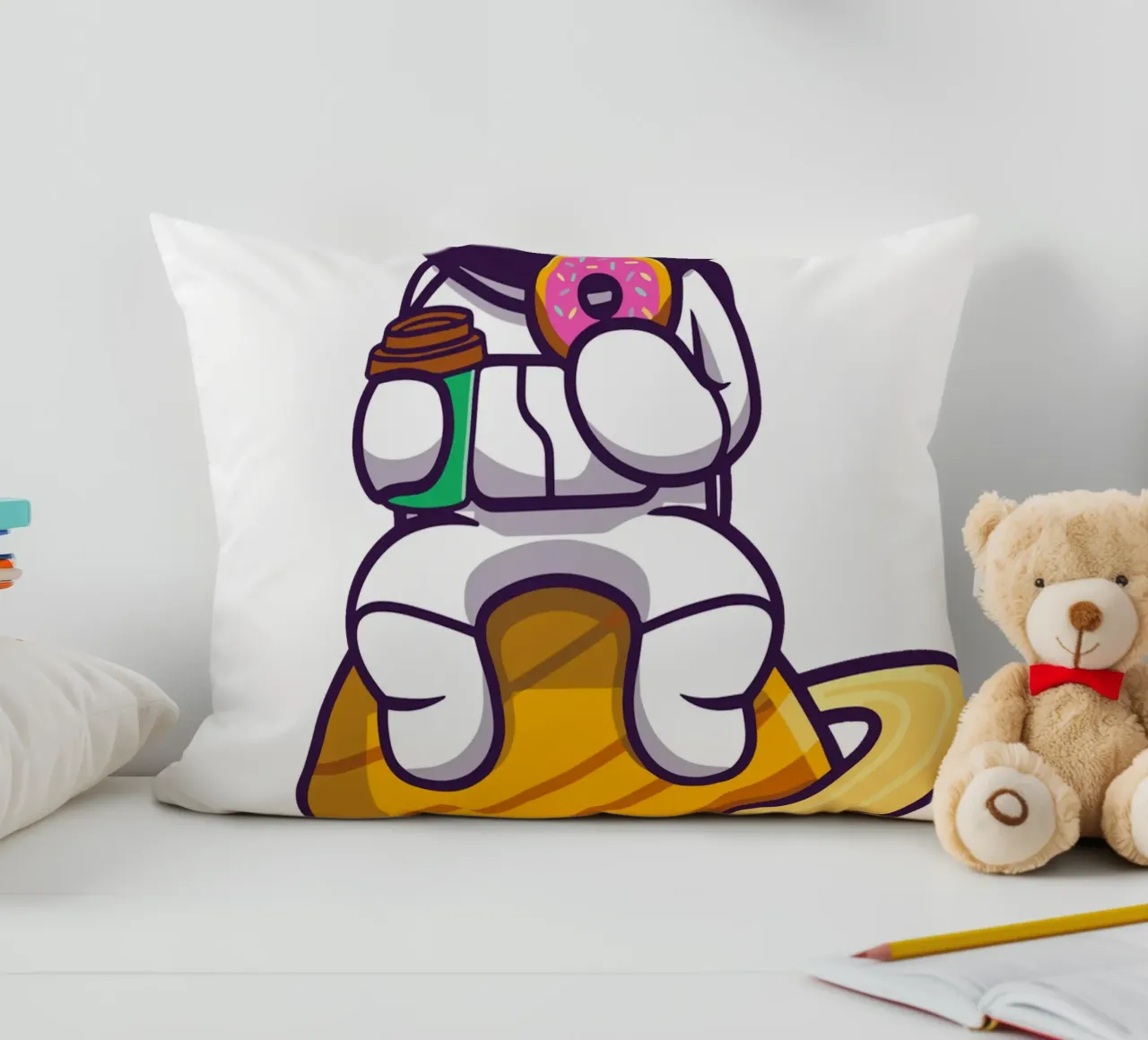 Astronauta carino che mangia una ciambella e tiene in mano una tazza di caffè cuscino da brockcon Shop