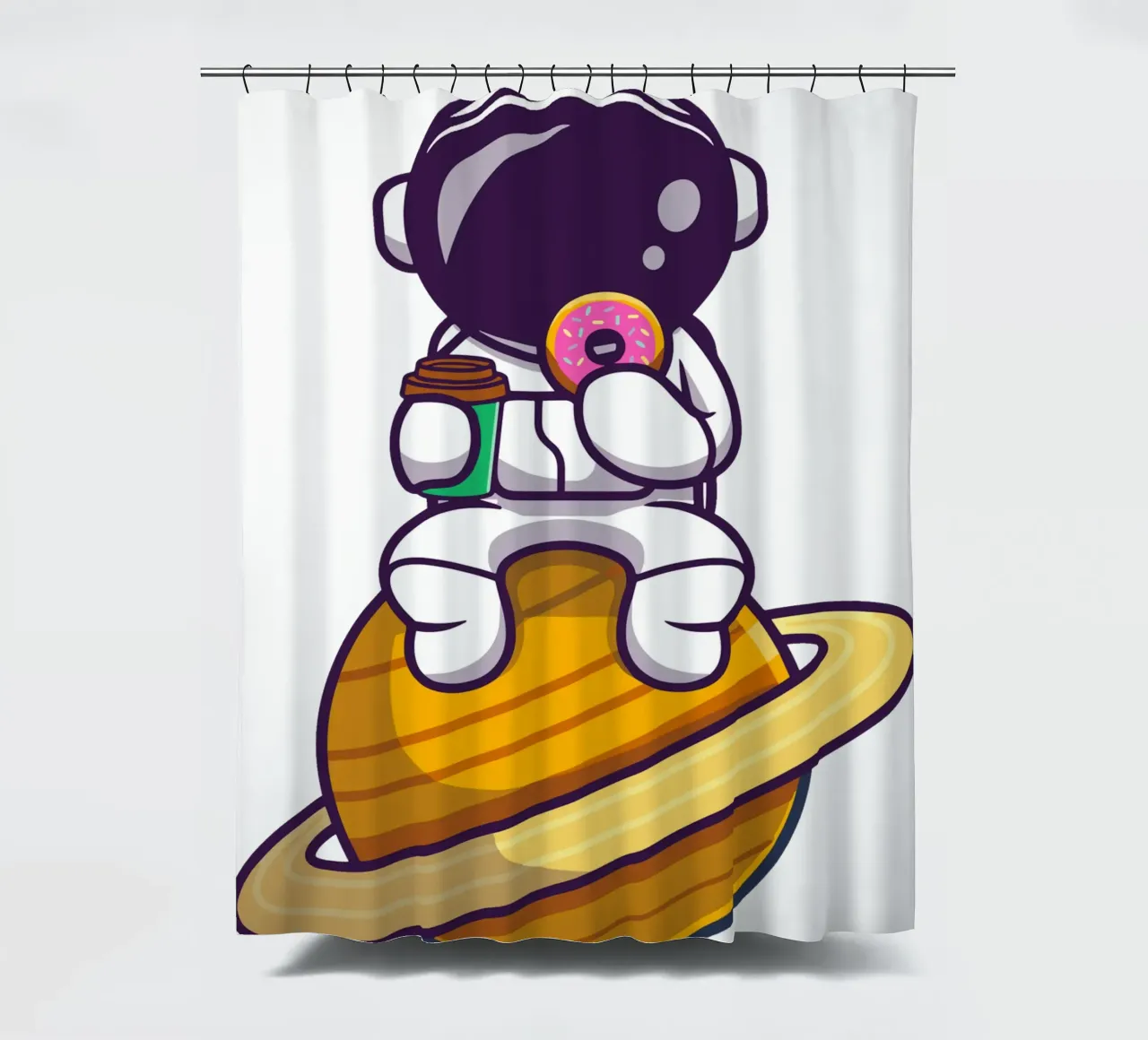 Astronauta carino che mangia una ciambella e tiene in mano una tazza di caffè tenda da doccia da brockcon Shop