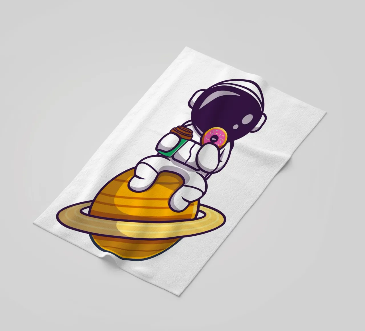 Astronauta carino che mangia una ciambella e tiene in mano una tazza di caffè telo mare da brockcon Shop