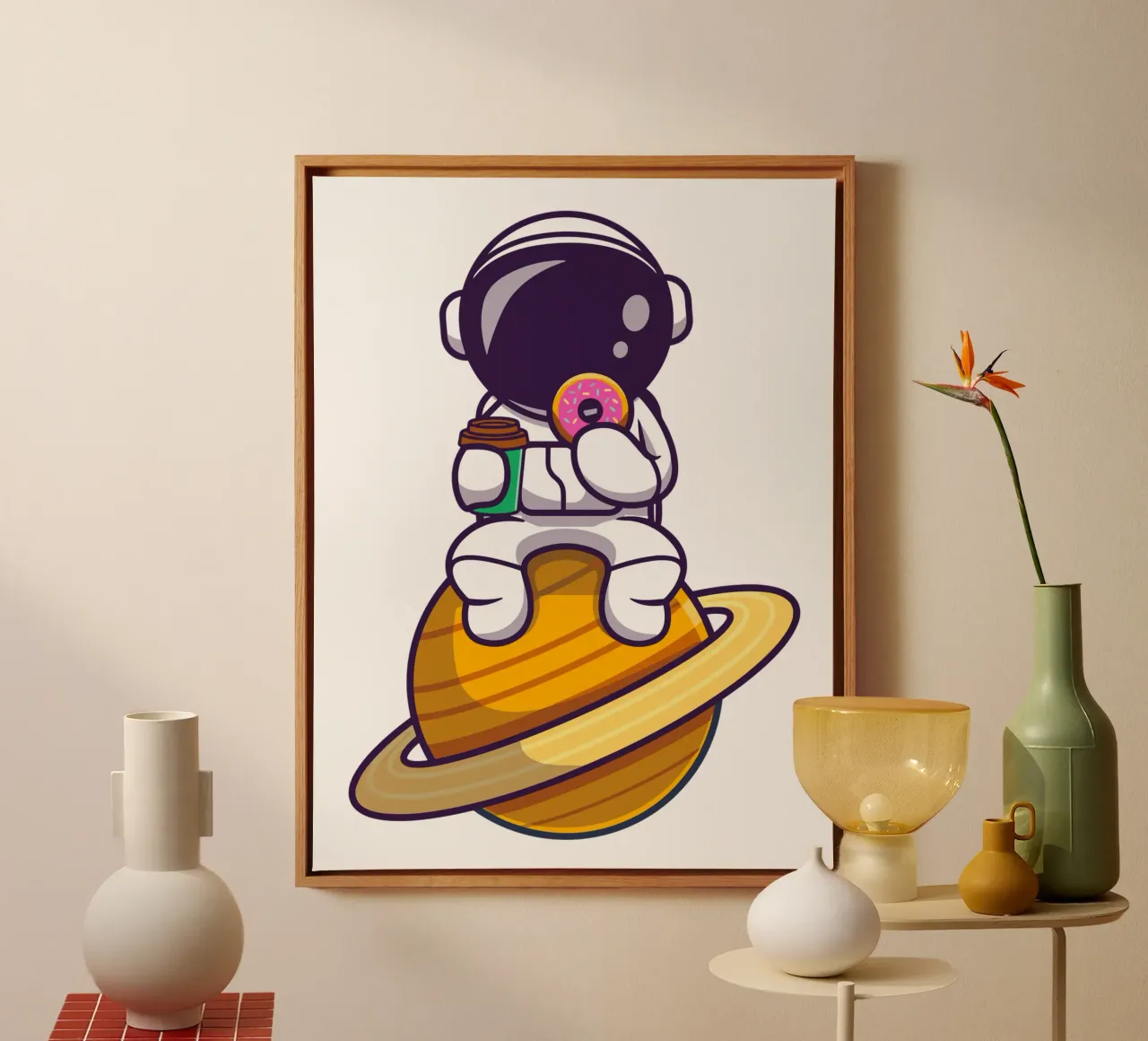 Leuke astronaut die donut eet en koffiekopje vasthoudt canvas van brockcon Shop