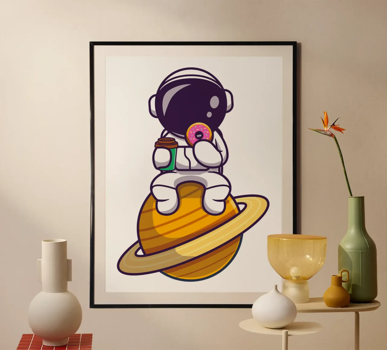 Astronauta carino che mangia una ciambella e tiene in mano una tazza di caffè carta hahnemühle da brockcon Shop