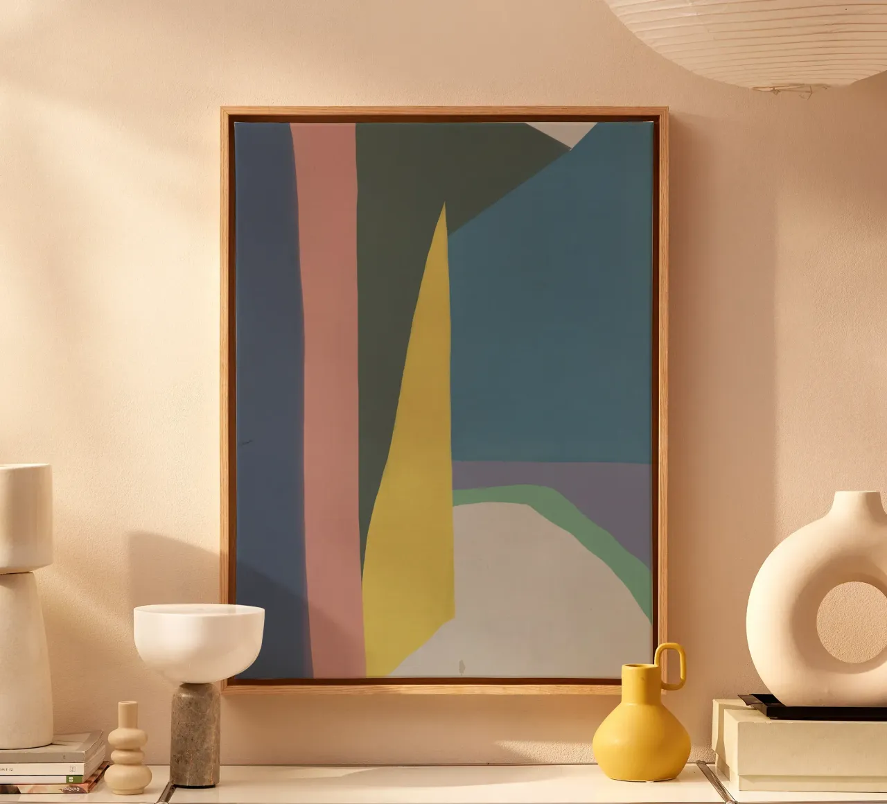 Geel licht abstracte vormen canvas met Baklijst van Little Dean