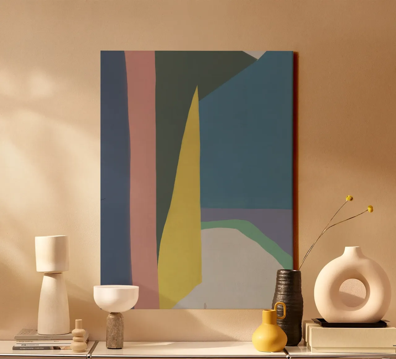 Geel licht abstracte vormen canvas met Baklijst van Little Dean