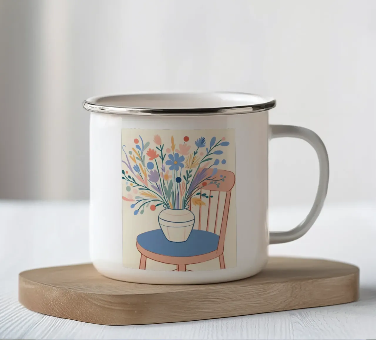 Fiori su una sedia Natura morta tazza in smalto da ARTOMATIC