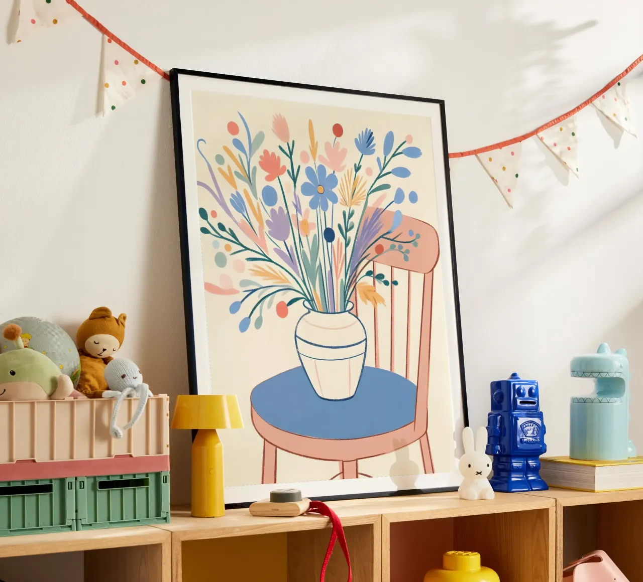 Fiori su una sedia Natura morta poster con telaio in alluminio da ARTOMATIC