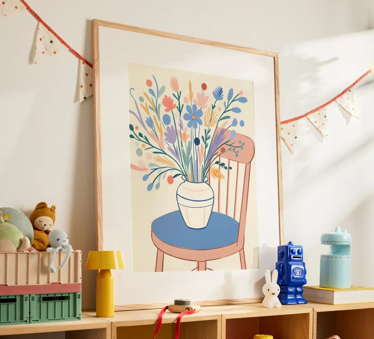 Fiori su una sedia Natura morta poster con telaio in alluminio da ARTOMATIC