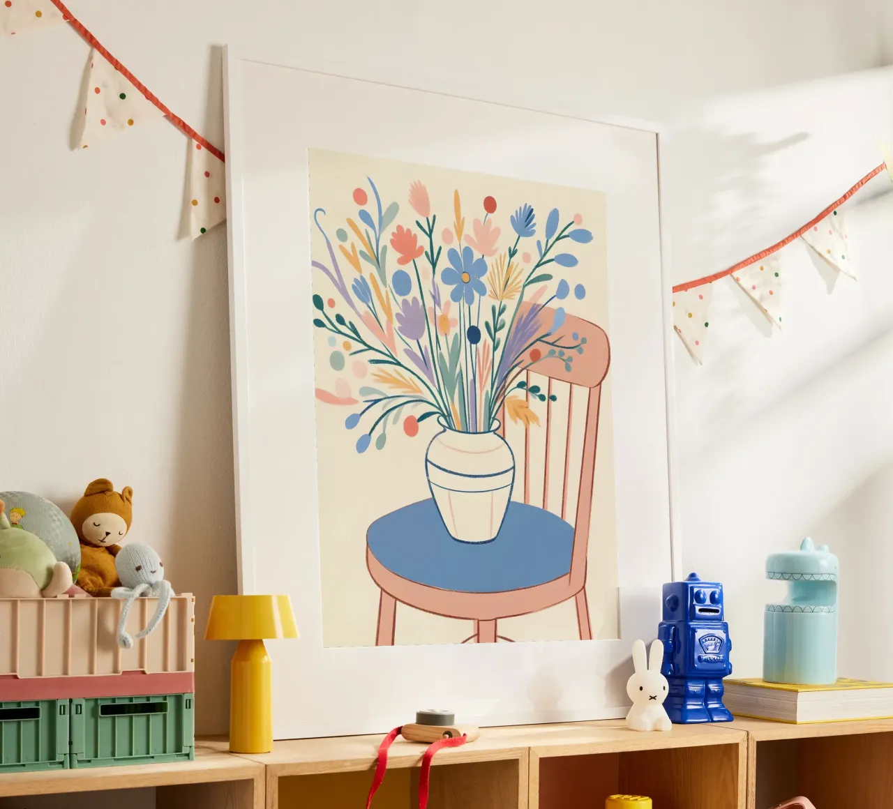 Fiori su una sedia Natura morta poster con telaio in alluminio da ARTOMATIC