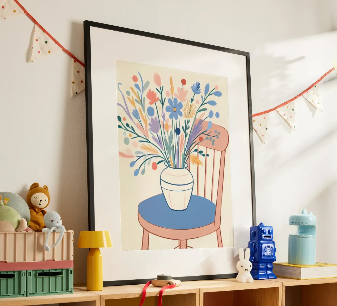 Fiori su una sedia Natura morta poster con telaio in alluminio da ARTOMATIC
