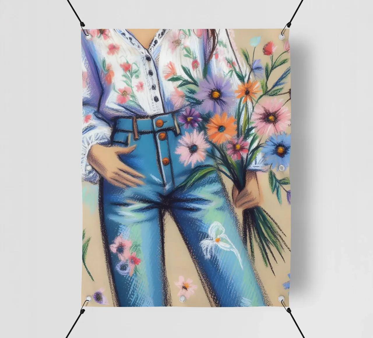 Donna calma con fiori ritratto telo in pvc da ARTOMATIC