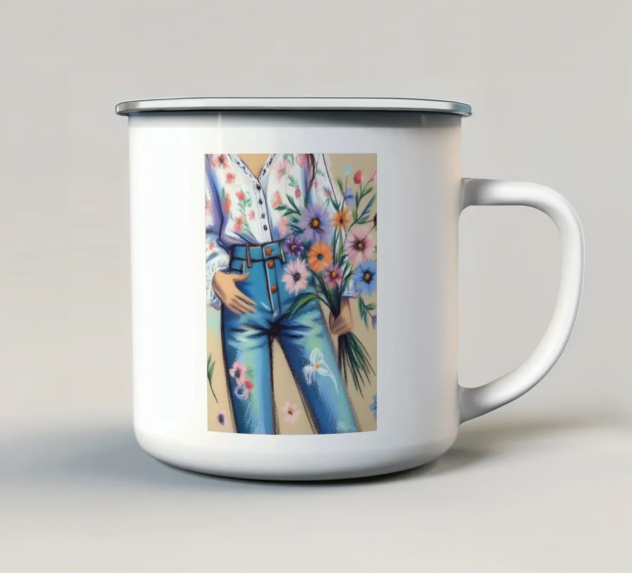 Donna calma con fiori ritratto tazza in smalto da ARTOMATIC