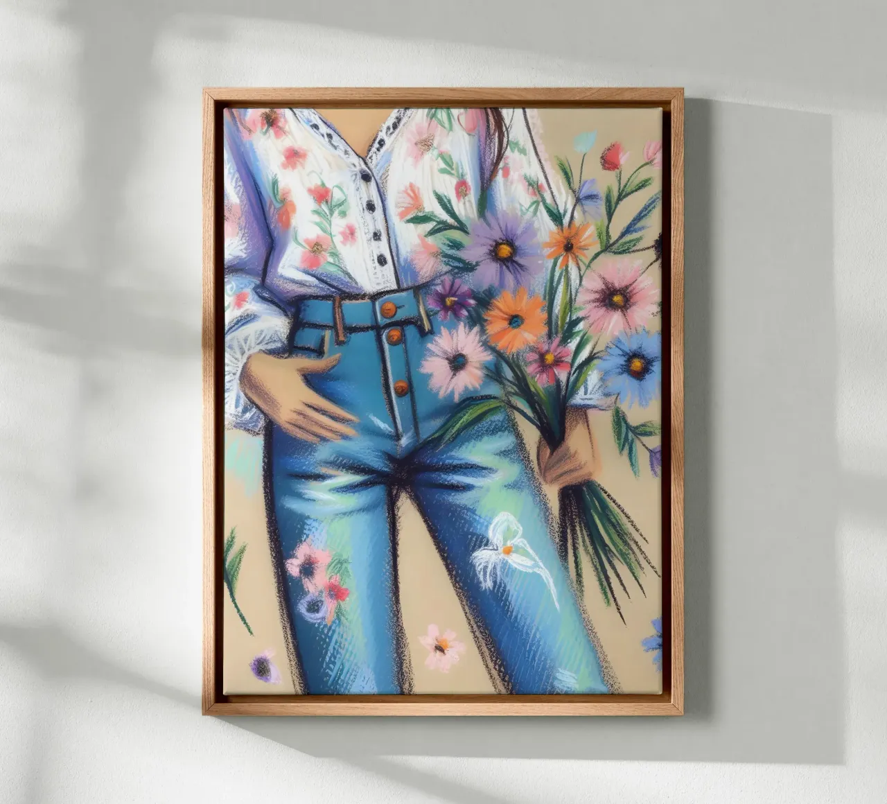 Donna calma con fiori ritratto tela con Cornice a cassetta da ARTOMATIC