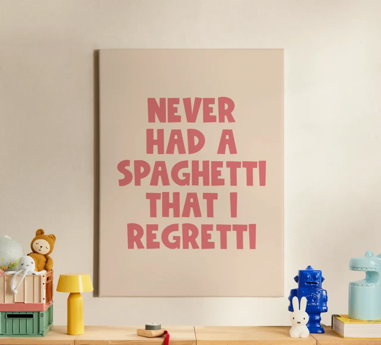 Spaghetti Witziges Zitat Leinwand mit Schattenfugenrahmen von Paigaam Studio