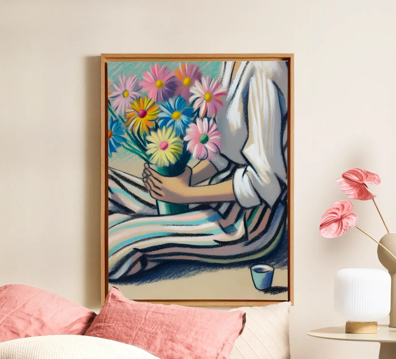 DONNA CON FIORI RITRATTO IN NATURA MORTA tela con Cornice a cassetta da ARTOMATIC