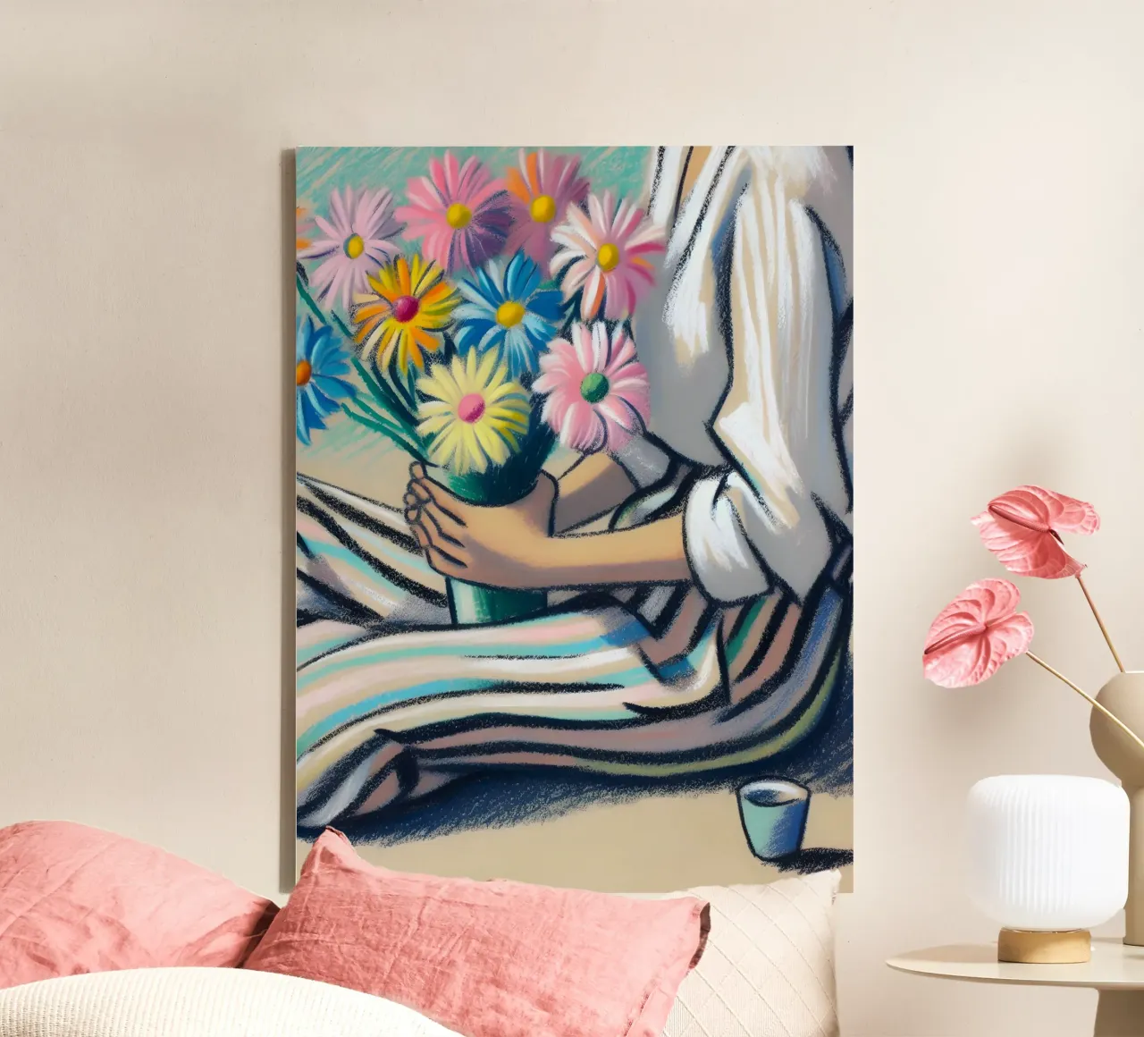 DONNA CON FIORI RITRATTO IN NATURA MORTA tela con Cornice a cassetta da ARTOMATIC