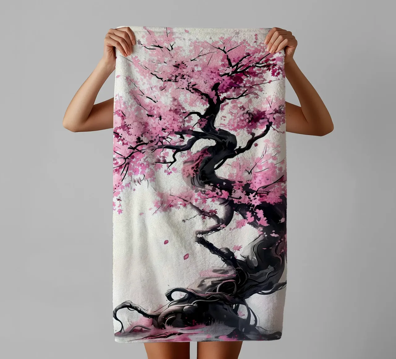 albero di ciliegio fiori rosa rami contorti petali asciugamano da bagno da Janine P McGuire