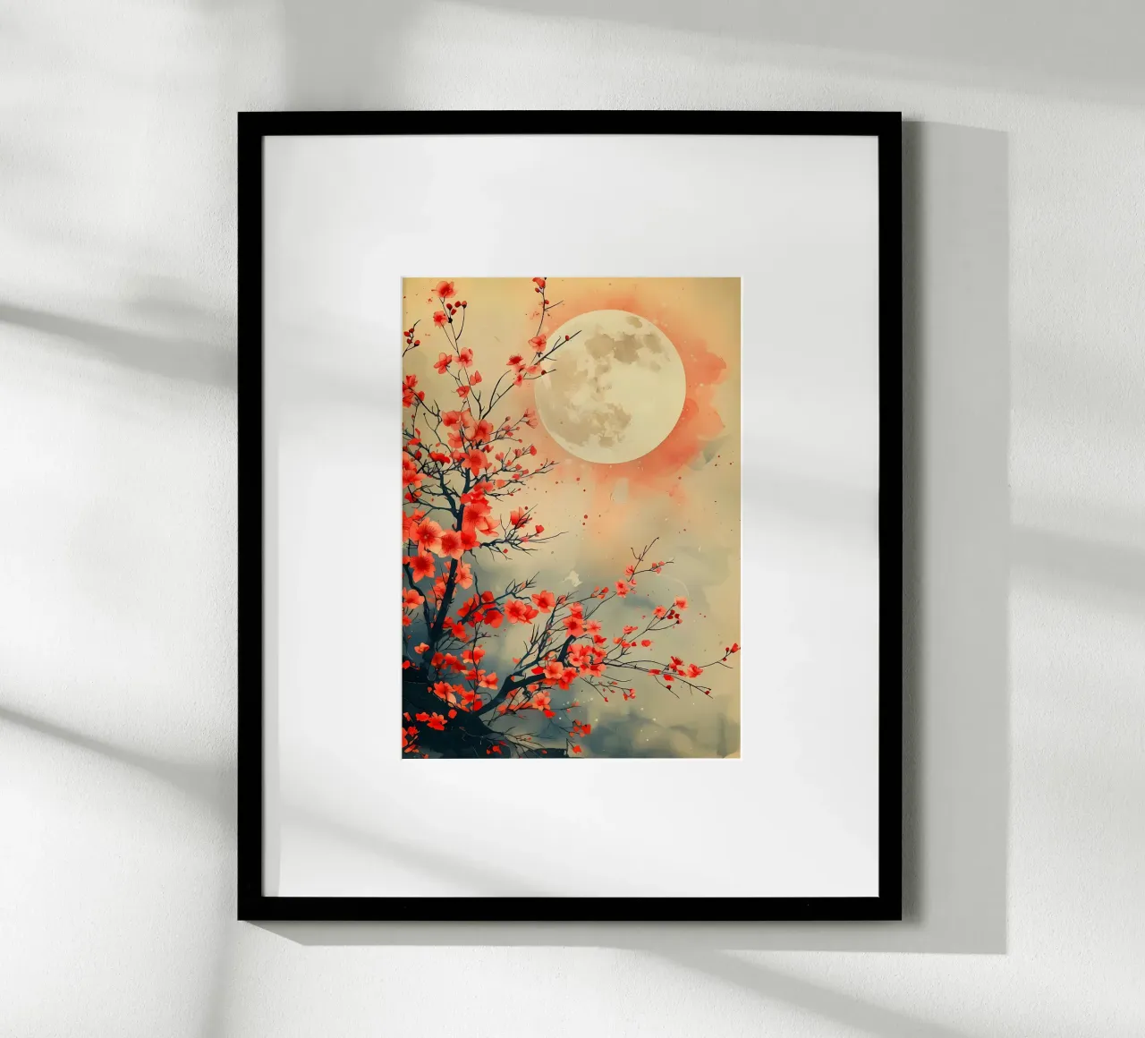 luna fiori rami acquerello notte fiori di ciliegio poster con telaio in legno da Janine P McGuire