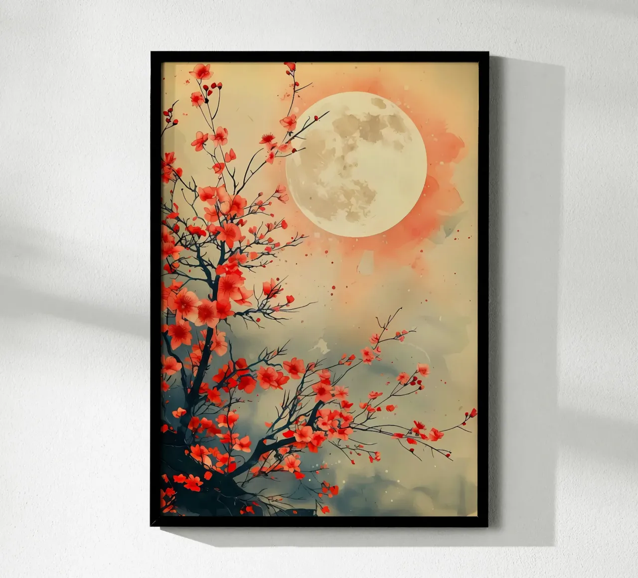 luna fiori rami acquerello notte fiori di ciliegio poster con telaio in legno da Janine P McGuire