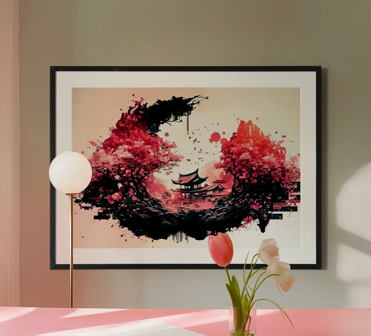 ciliegio in fiore pagoda nuvole cielo paesaggio natura poster da Janine P McGuire