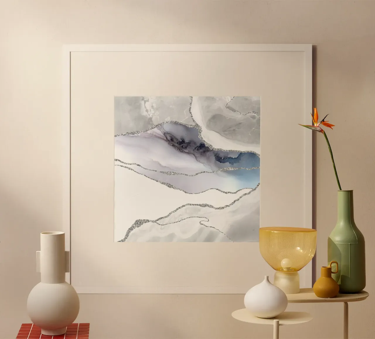 Texture Agate blanche et argentée 05 poster avec cadre en bois de Gemstone Textures